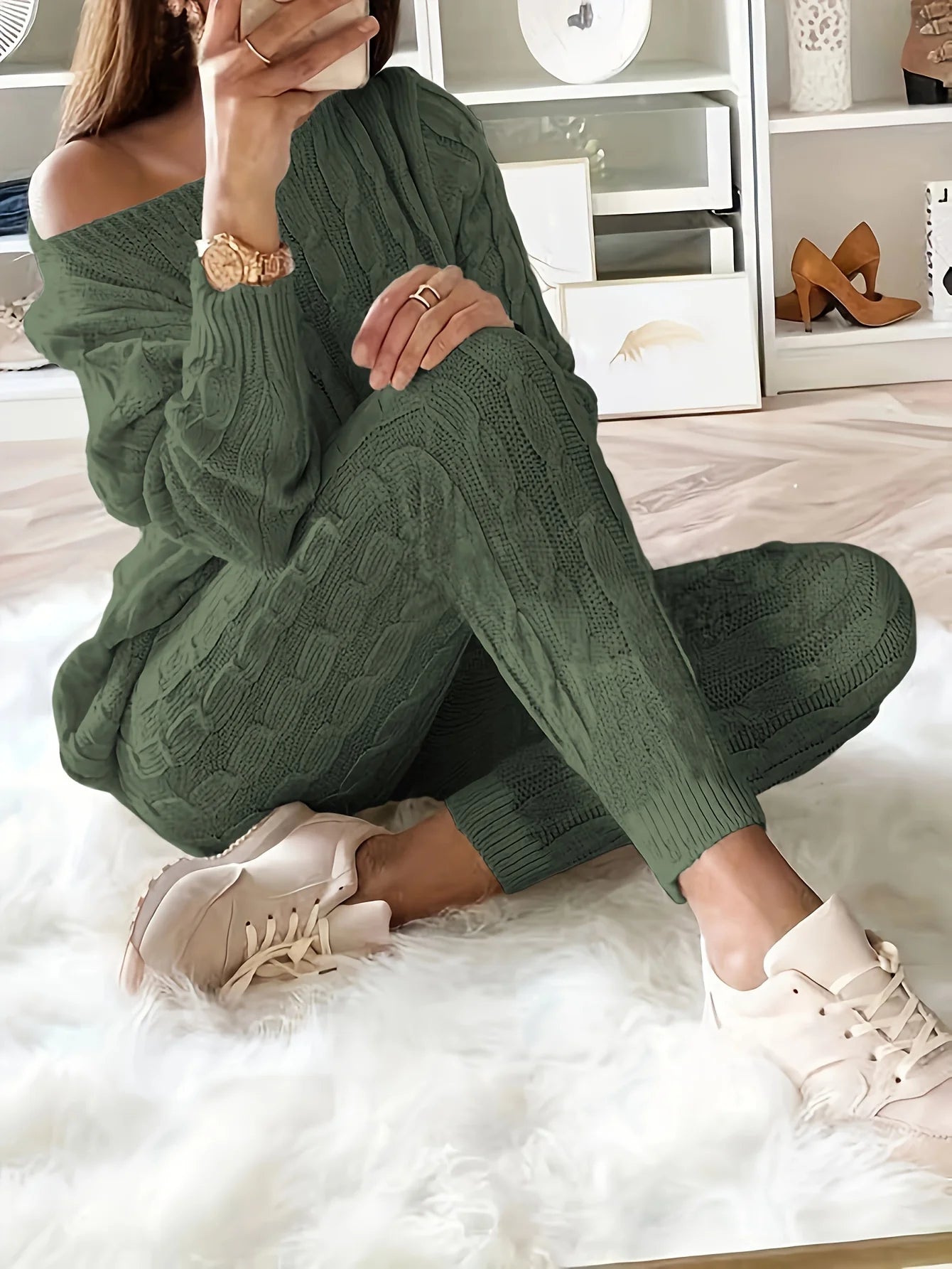 Solid Knitted Matching Two-piece Set Casual Long Sleeve Sweater & Pants Outfits Women's Clothing