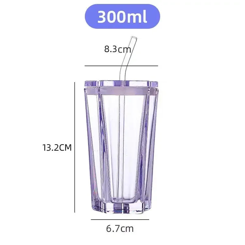 High Aesthetic Straw Cup Pentagonal Star Glass Cup Color Gradient Cold Drink Cup with Lid Coffee Water Mugs