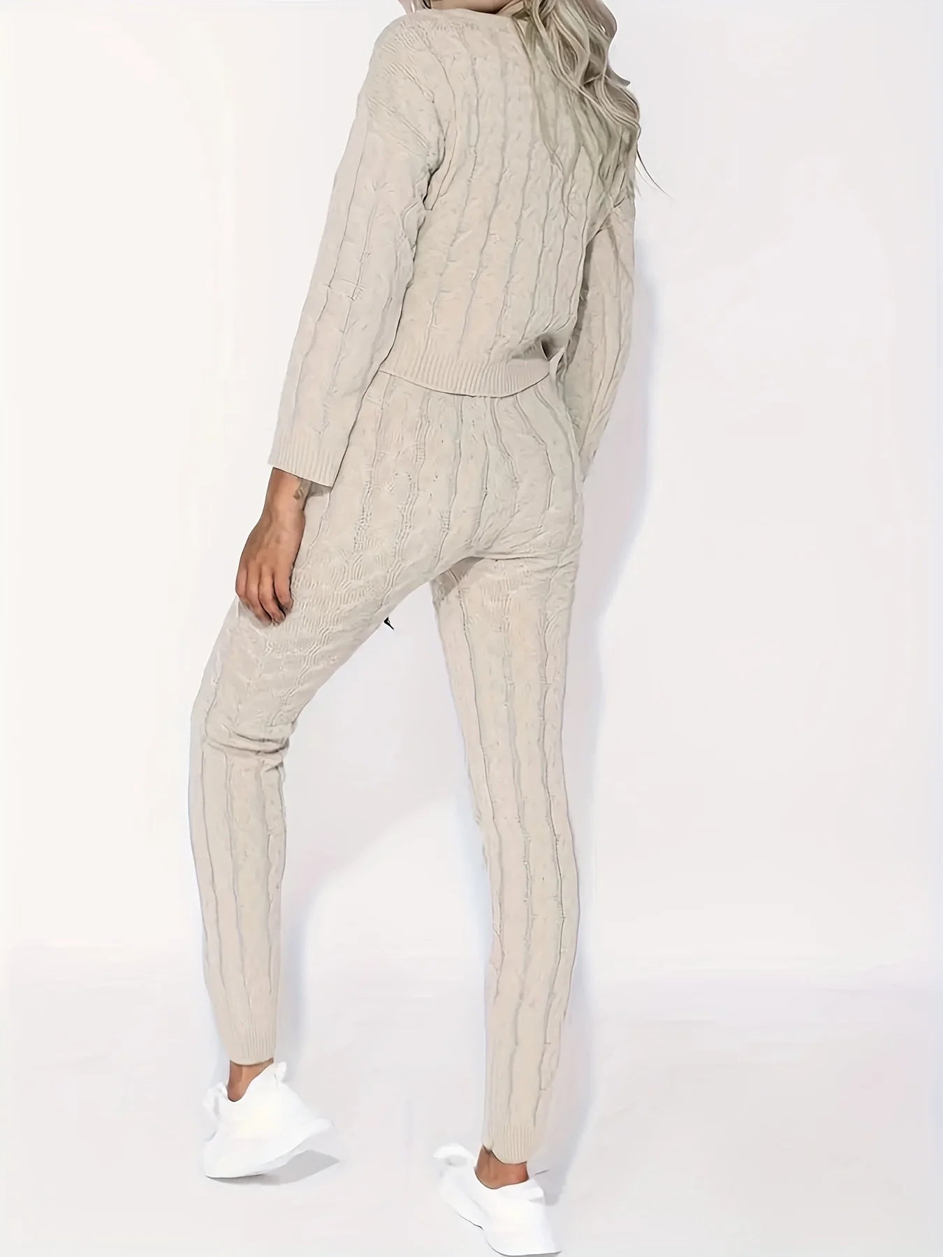 Solid Knitted Matching Two-piece Set Casual Long Sleeve Sweater & Pants Outfits Women's Clothing