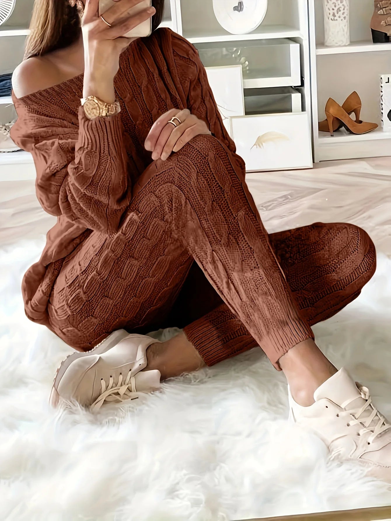Solid Knitted Matching Two-piece Set Casual Long Sleeve Sweater & Pants Outfits Women's Clothing