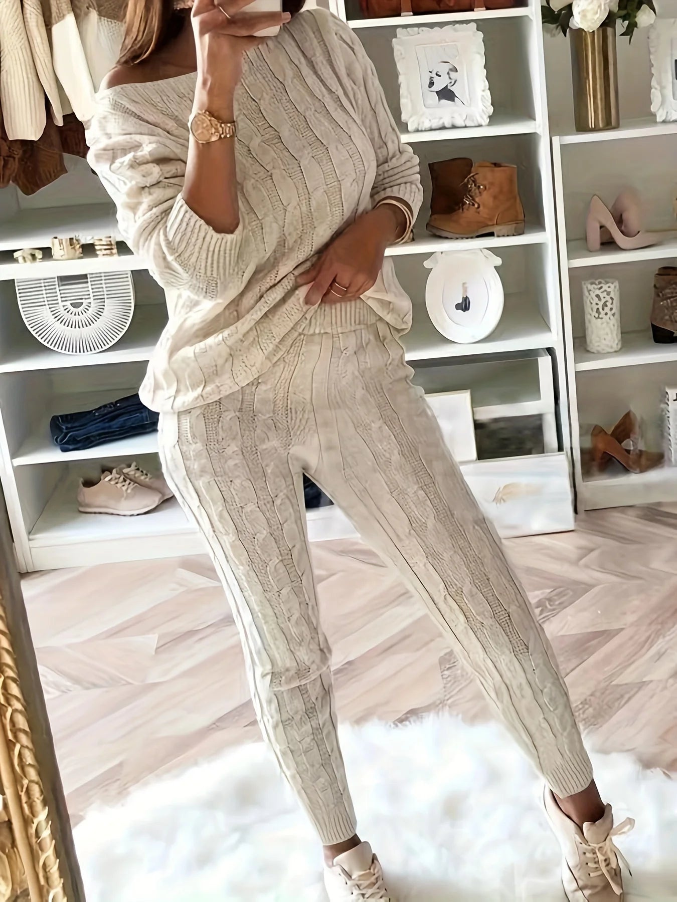 Solid Knitted Matching Two-piece Set Casual Long Sleeve Sweater & Pants Outfits Women's Clothing