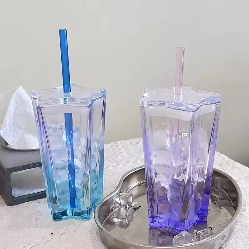 High Aesthetic Straw Cup Pentagonal Star Glass Cup Color Gradient Cold Drink Cup with Lid Coffee Water Mugs