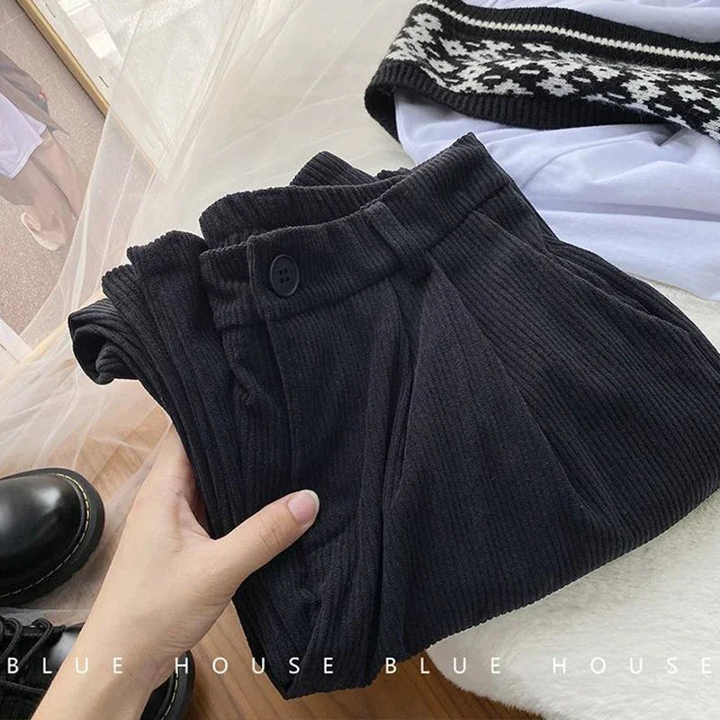 Vintage High Waist Corduroy Pants Women Spring Fall Straight Causal Full Length Trousers Korean Fashion All Match Black Pants