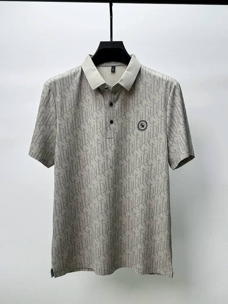 Summer New High-end Silk Short Sleeved Polo Shirt for Men's Luxurious Embossed Casual Fashion Comfortable Breathable Cool Top