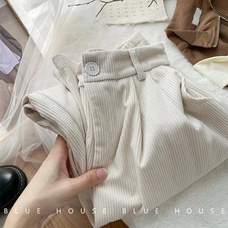 Vintage High Waist Corduroy Pants Women Spring Fall Straight Causal Full Length Trousers Korean Fashion All Match Black Pants