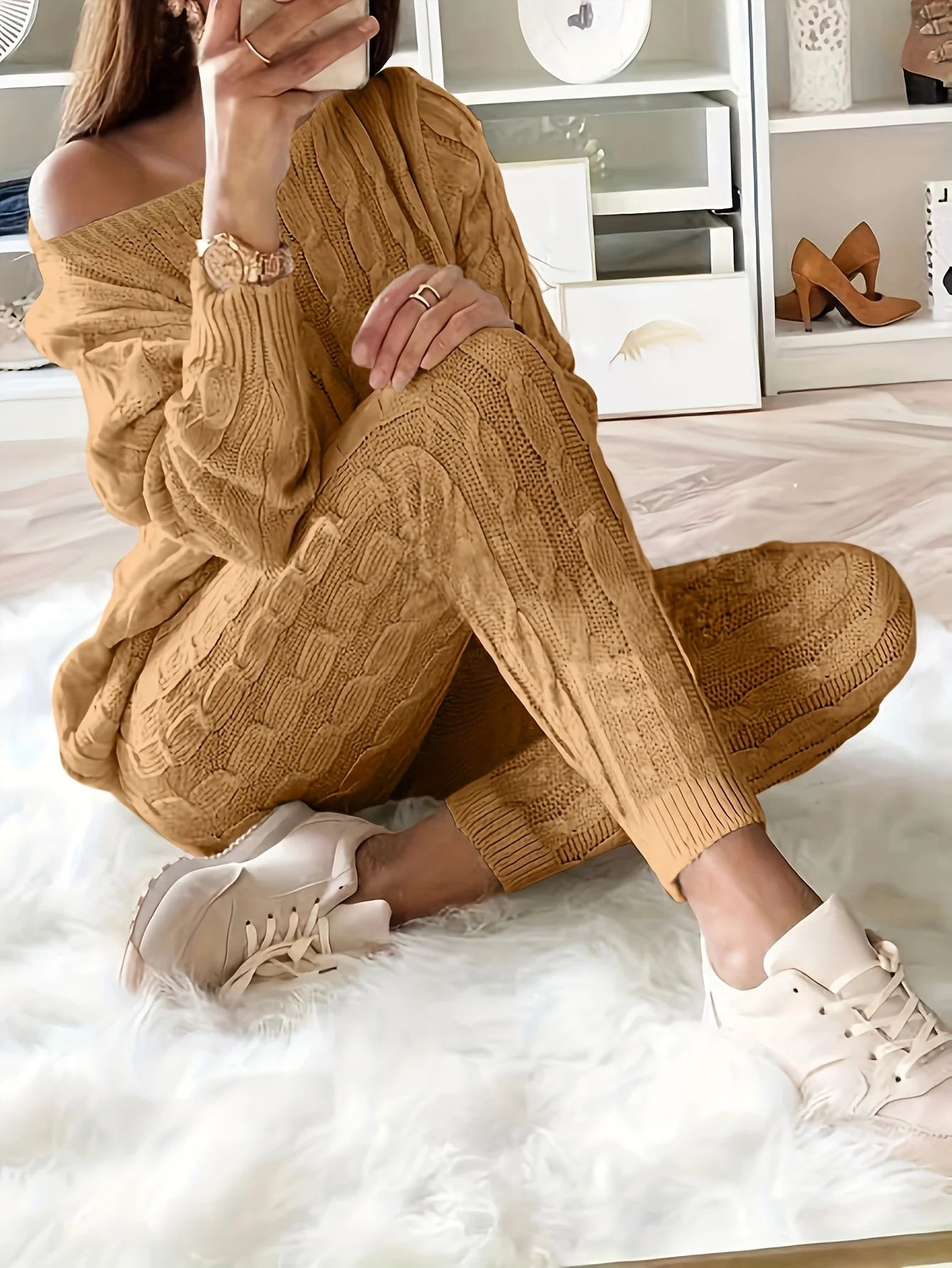 Solid Knitted Matching Two-piece Set Casual Long Sleeve Sweater & Pants Outfits Women's Clothing