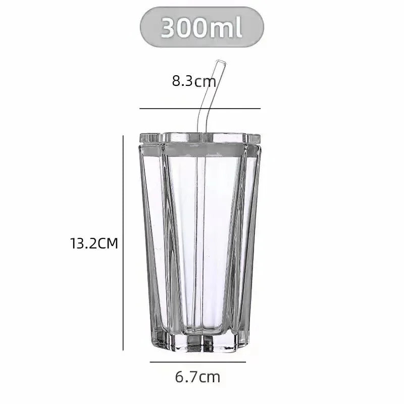 High Aesthetic Straw Cup Pentagonal Star Glass Cup Color Gradient Cold Drink Cup with Lid Coffee Water Mugs