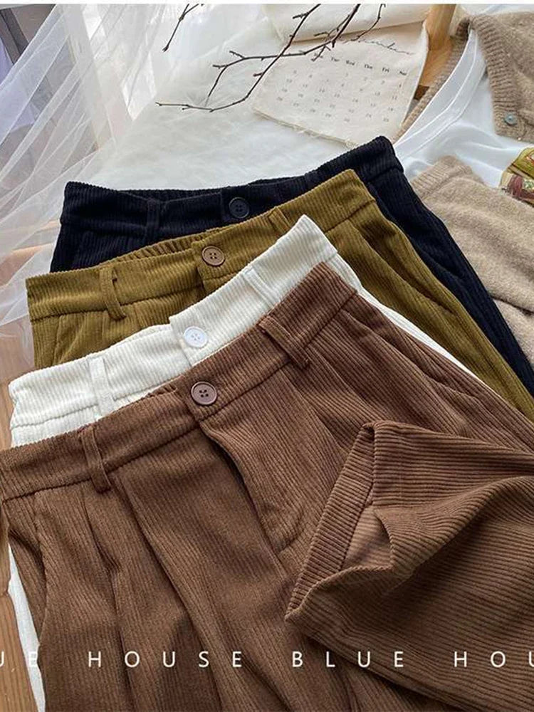 Vintage High Waist Corduroy Pants Women Spring Fall Straight Causal Full Length Trousers Korean Fashion All Match Black Pants