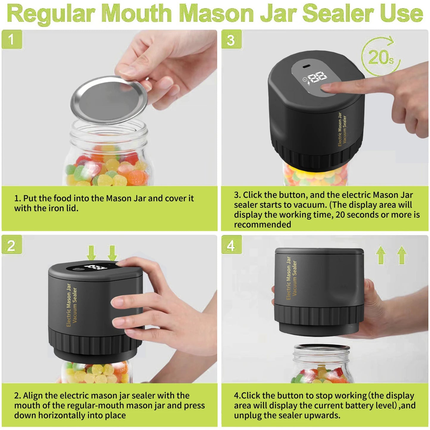 Machine à sceller sous vide électrique pour bocaux Mason, kit de mise sous vide sans fil pour bocaux Mason à ouverture large et régulière, pour le stockage des aliments