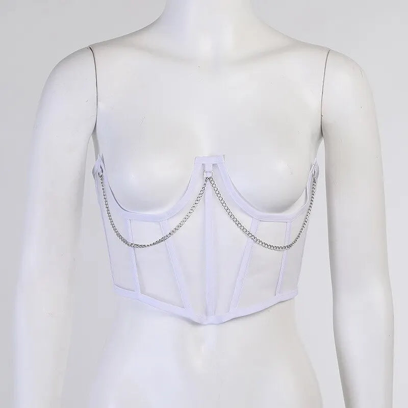 Sexy Corset Underbust Punk Metal Chain Black Women Top Curve Shaper Strap Slimming High Waist Belt Lace Bustiers