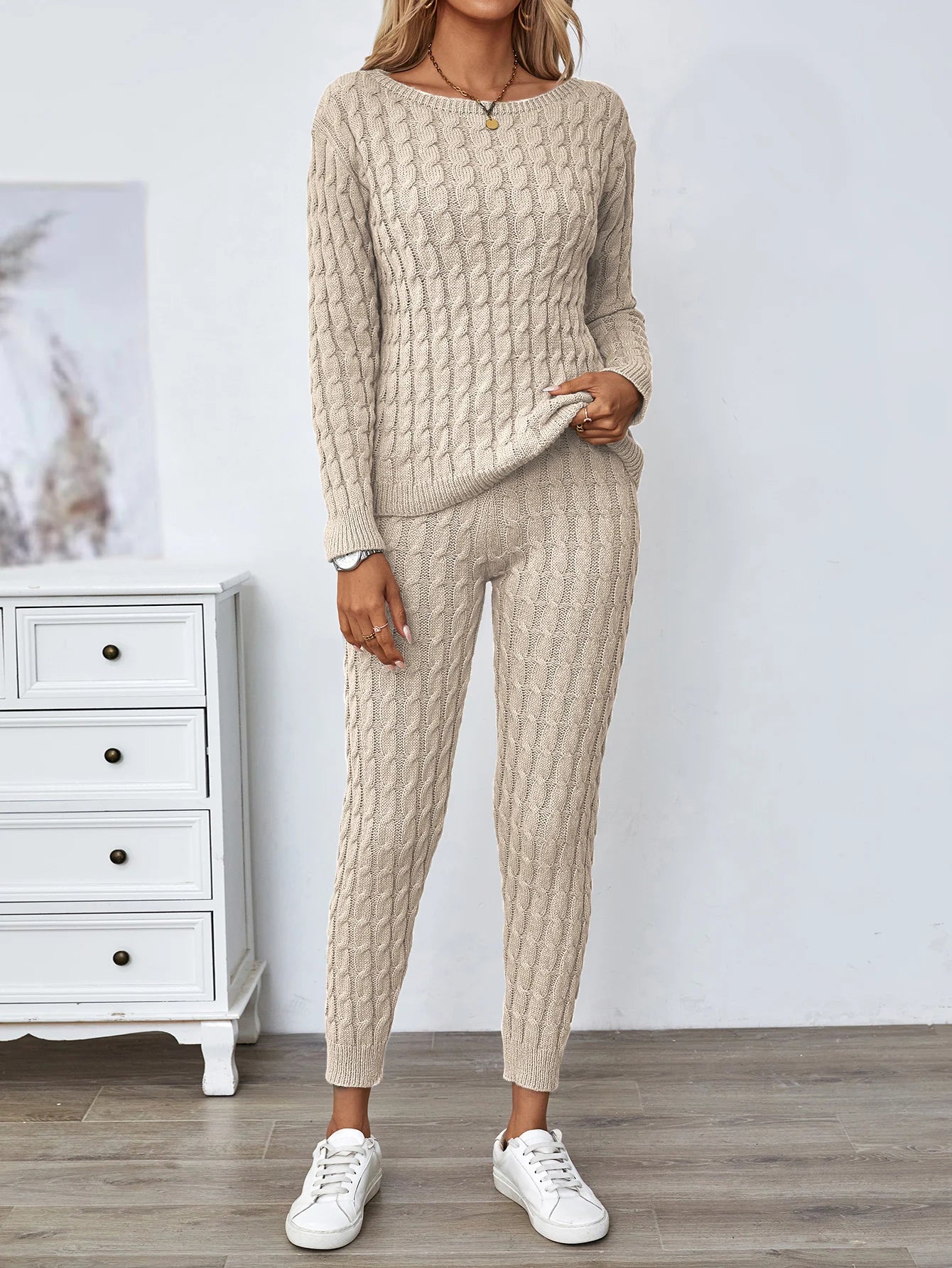 Solid Knitted Matching Two-piece Set Casual Long Sleeve Sweater & Pants Outfits Women's Clothing