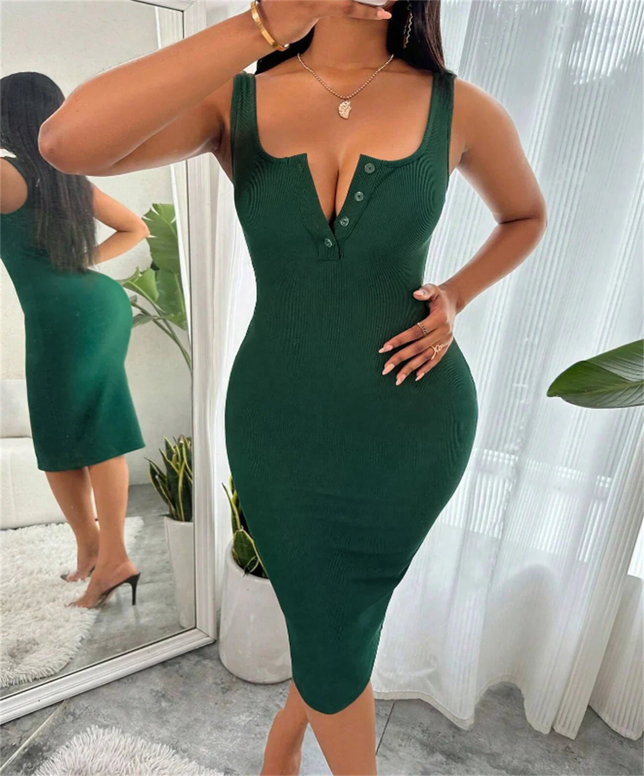 Button Front Scoop Neck Tank Dress Sleeveless Pencil Tank Dress For Spring Summer Women's Clothing