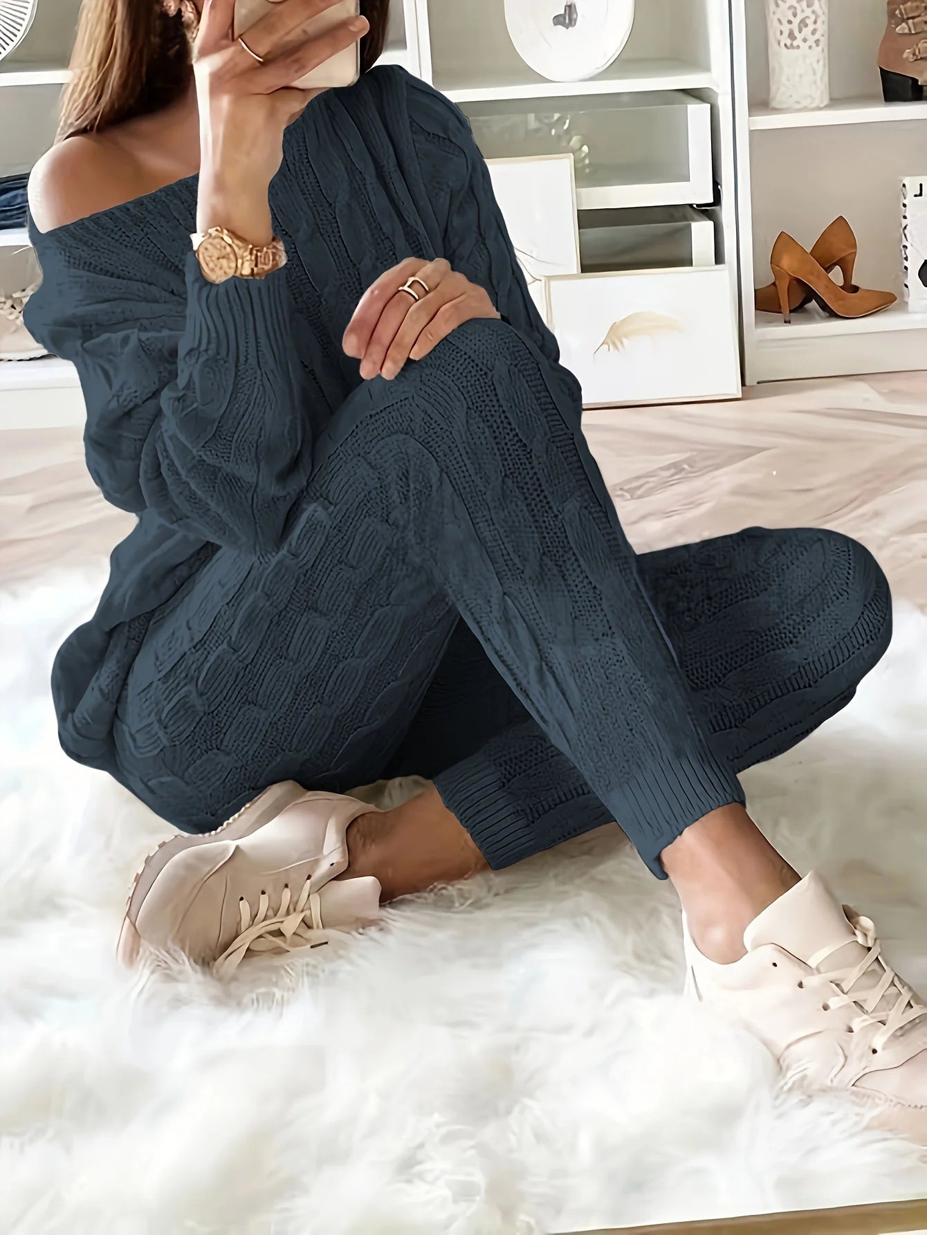 Solid Knitted Matching Two-piece Set Casual Long Sleeve Sweater & Pants Outfits Women's Clothing