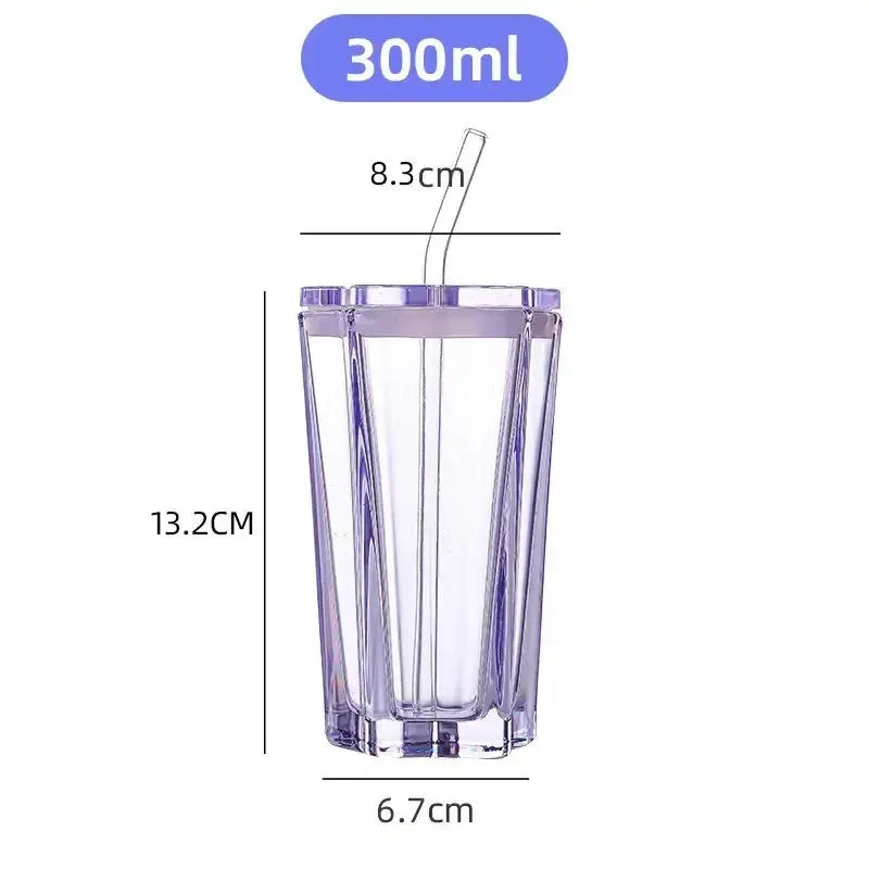 High Aesthetic Straw Cup Pentagonal Star Glass Cup Color Gradient Cold Drink Cup with Lid Coffee Water Mugs