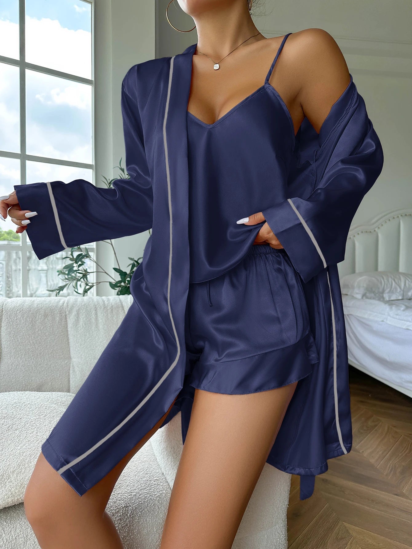 Simple Satin Pajama Set Long Sleeve Belted Robe V Neck Cami Top And Shorts Women's Sleepwear