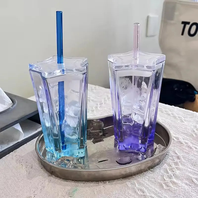 High Aesthetic Straw Cup Pentagonal Star Glass Cup Color Gradient Cold Drink Cup with Lid Coffee Water Mugs