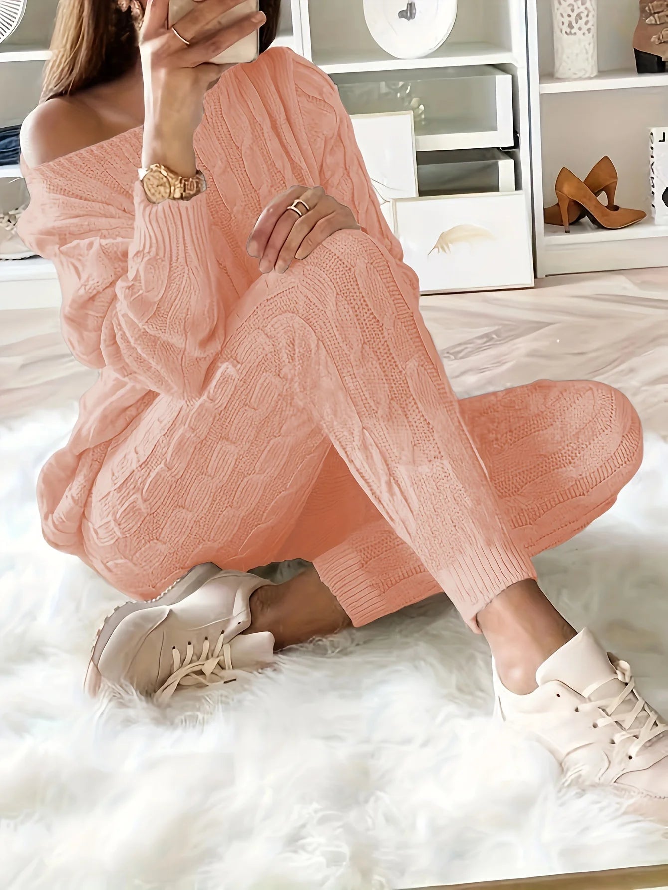 Solid Knitted Matching Two-piece Set Casual Long Sleeve Sweater & Pants Outfits Women's Clothing
