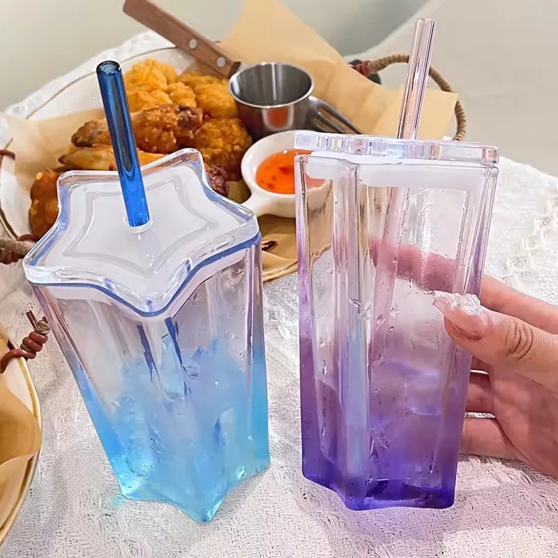 High Aesthetic Straw Cup Pentagonal Star Glass Cup Color Gradient Cold Drink Cup with Lid Coffee Water Mugs