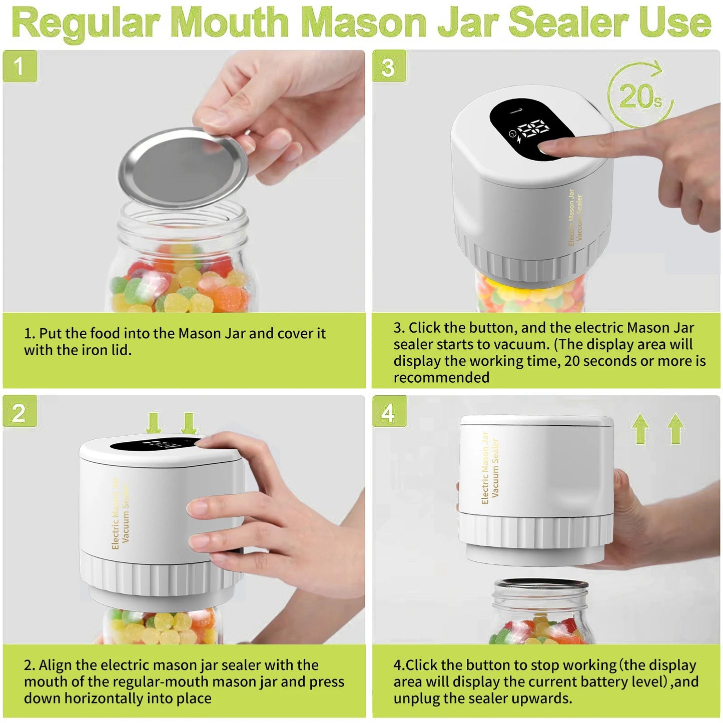 Machine à sceller sous vide électrique pour bocaux Mason, kit de mise sous vide sans fil pour bocaux Mason à ouverture large et régulière, pour le stockage des aliments