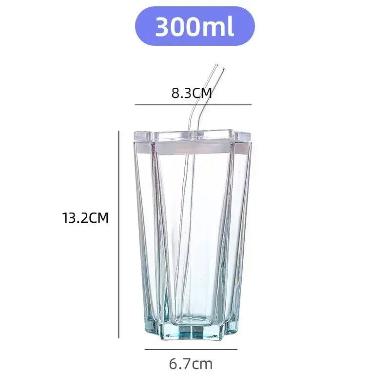 High Aesthetic Straw Cup Pentagonal Star Glass Cup Color Gradient Cold Drink Cup with Lid Coffee Water Mugs