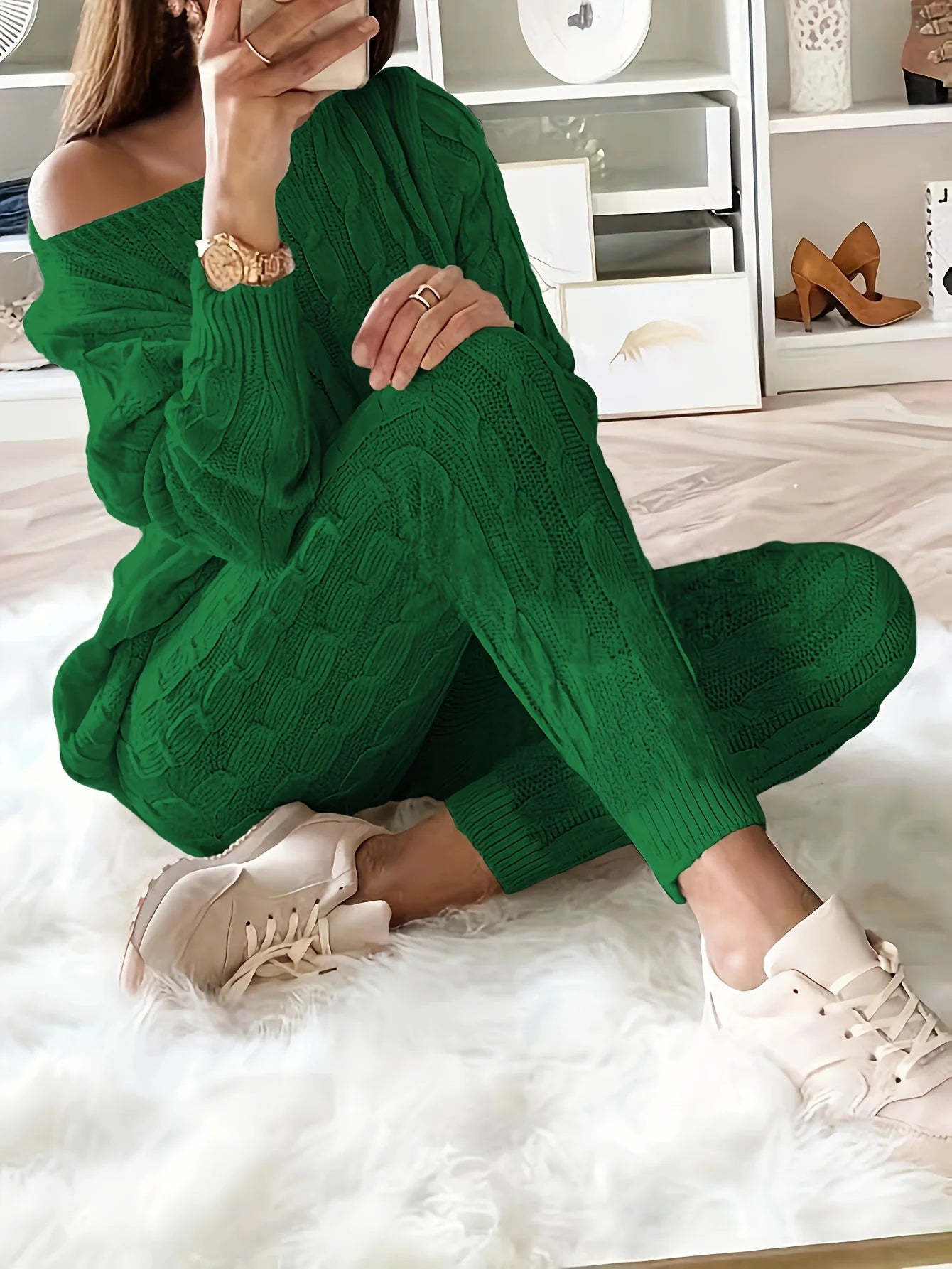 Solid Knitted Matching Two-piece Set Casual Long Sleeve Sweater & Pants Outfits Women's Clothing