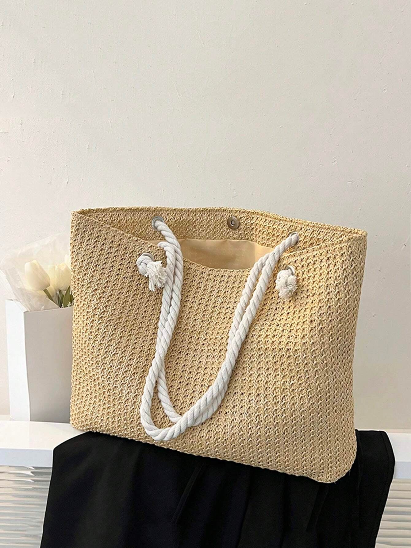 Summer Vibes Straw Tote Bag: Stylish, Lightweight, and Spacious for Travel, Beach, and Everyday Use