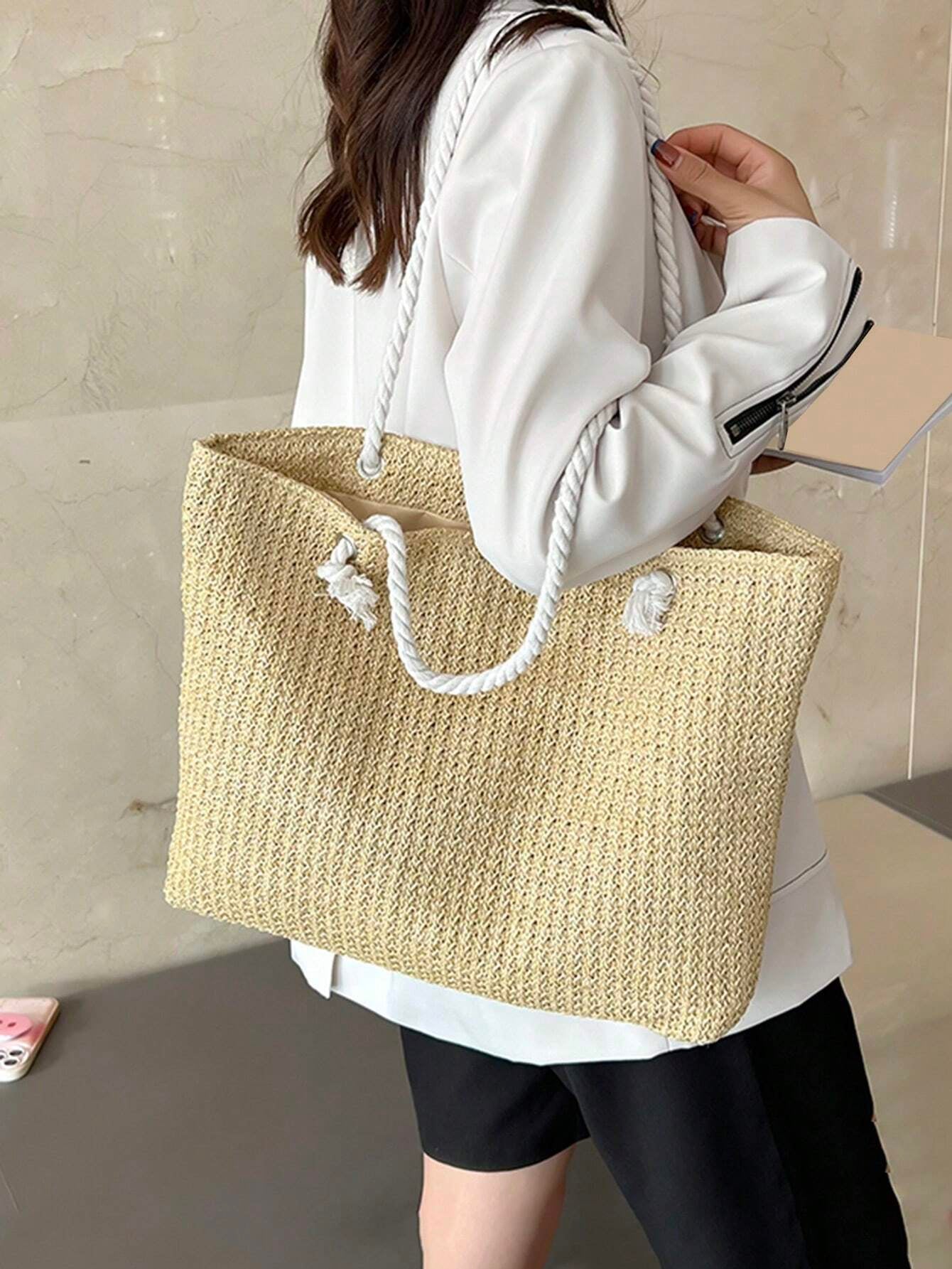 Summer Vibes Straw Tote Bag: Stylish, Lightweight, and Spacious for Travel, Beach, and Everyday Use