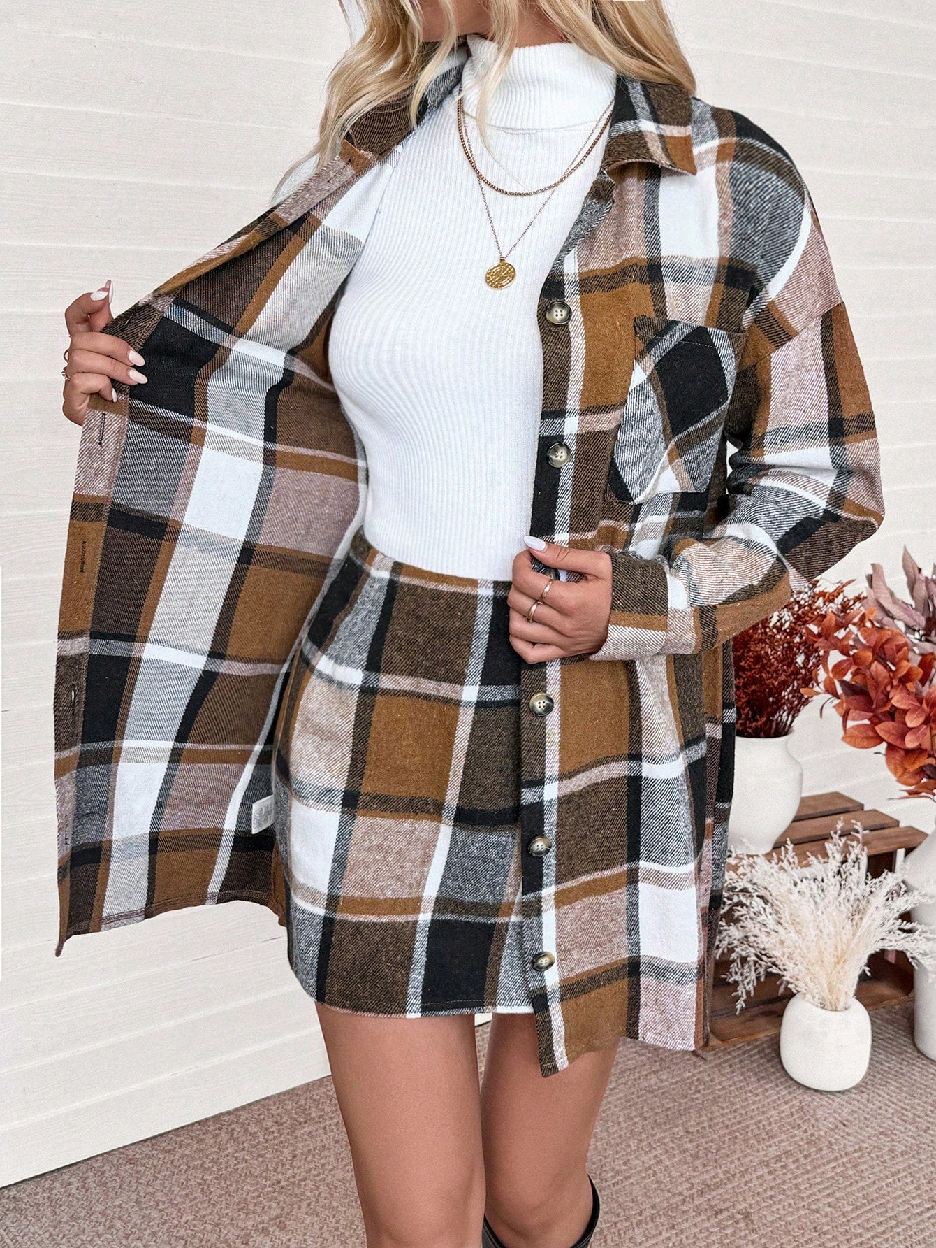 Privé 2Pcs Casual Outfit: Front Button Long Sleeve Plaid Top & Mini Skirt Set