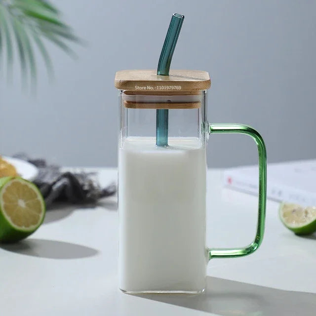 350ML Square Mug With Lids and Straws Single Colored Handle Layer Drinking Glass Cups For  Iced Coffee Milk Bubble Tea Water