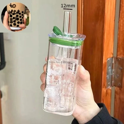 350ML Square Mug With Lids and Straws Single Colored Handle Layer Drinking Glass Cups For  Iced Coffee Milk Bubble Tea Water