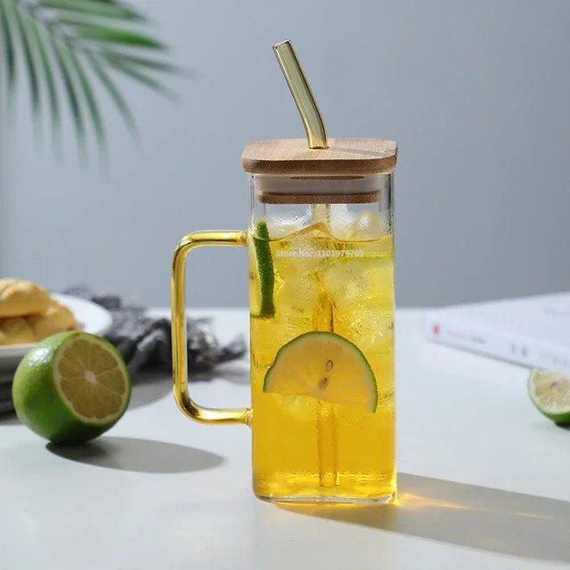 350ML Square Mug With Lids and Straws Single Colored Handle Layer Drinking Glass Cups For  Iced Coffee Milk Bubble Tea Water