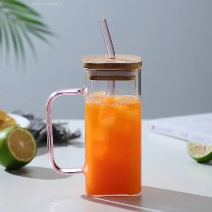 350ML Square Mug With Lids and Straws Single Colored Handle Layer Drinking Glass Cups For  Iced Coffee Milk Bubble Tea Water