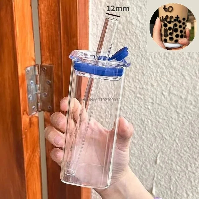 350ML Square Mug With Lids and Straws Single Colored Handle Layer Drinking Glass Cups For  Iced Coffee Milk Bubble Tea Water