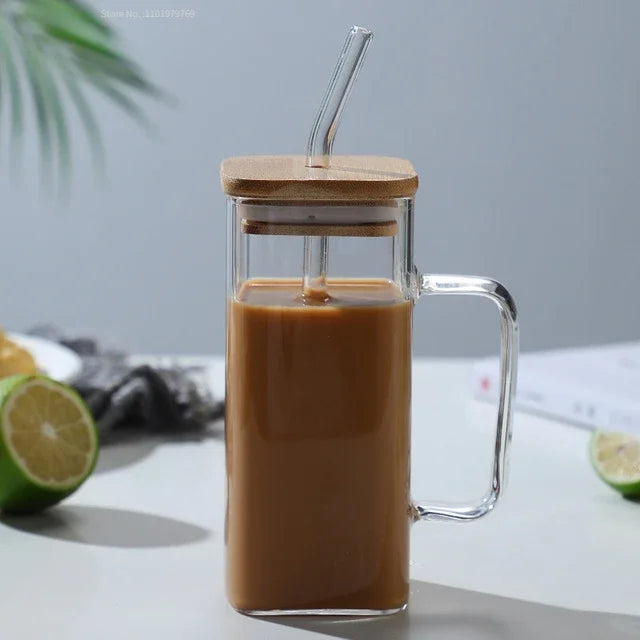 350ML Square Mug With Lids and Straws Single Colored Handle Layer Drinking Glass Cups For  Iced Coffee Milk Bubble Tea Water