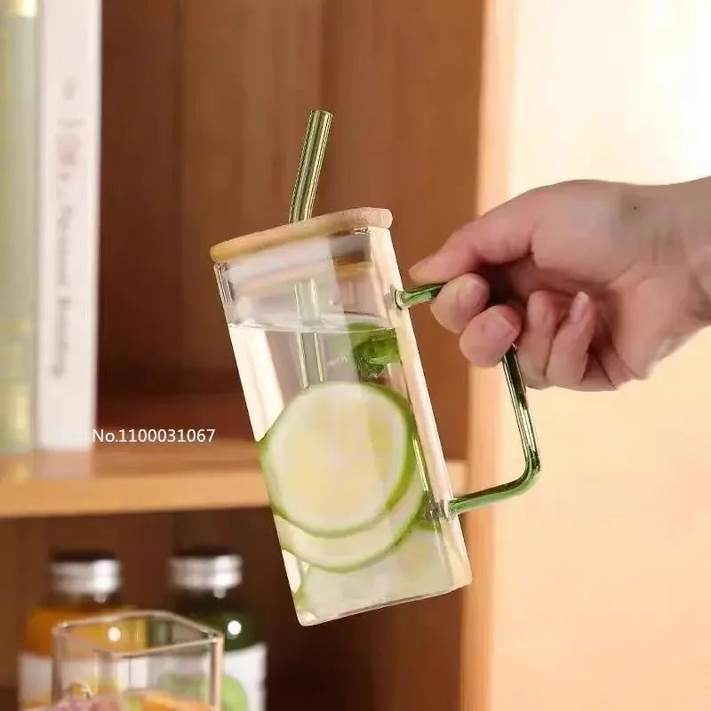 350ML Square Mug With Lids and Straws Single Colored Handle Layer Drinking Glass Cups For  Iced Coffee Milk Bubble Tea Water