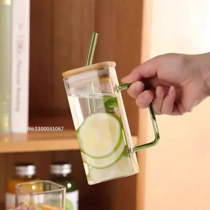 350ML Square Mug With Lids and Straws Single Colored Handle Layer Drinking Glass Cups For  Iced Coffee Milk Bubble Tea Water