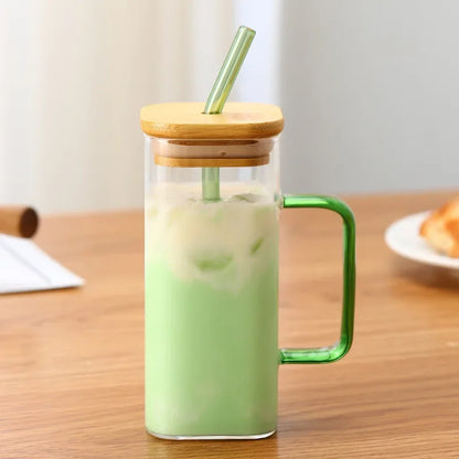 350ML Square Mug With Lids and Straws Single Colored Handle Layer Drinking Glass Cups For  Iced Coffee Milk Bubble Tea Water