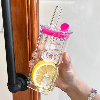 350ML Square Mug With Lids and Straws Single Colored Handle Layer Drinking Glass Cups For  Iced Coffee Milk Bubble Tea Water