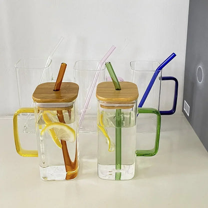 350ML Square Mug With Lids and Straws Single Colored Handle Layer Drinking Glass Cups For  Iced Coffee Milk Bubble Tea Water