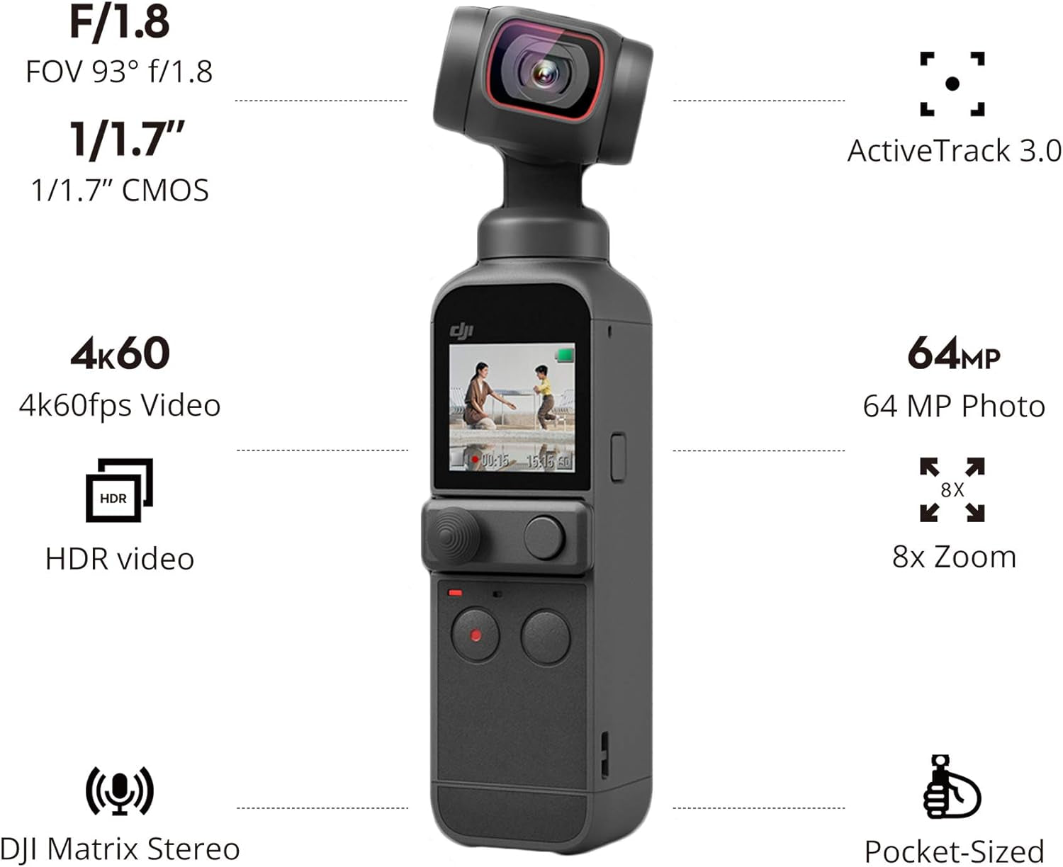 Pocket 2 Creator Combo, 3 Axis Gimbal Stabilizer with 4K Camera, 1/1.7" CMOS, 64MP Photo, Face Tracking, Youtube, Vlog, Portable Video Camera for Android and Iphone, Black