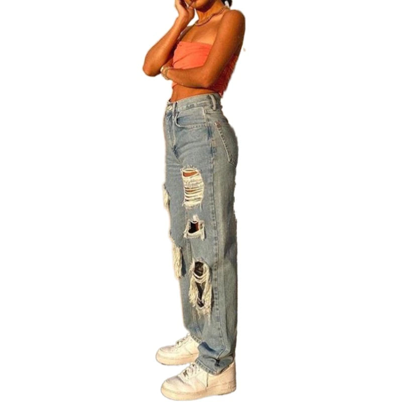 Women Ripped Straight Leg Jeans High Waist Loose Denim Pants Lady Causal Boyfriend Style Pants Vintage Streetwear Hole Trousers