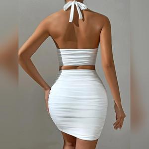 Women White Sexy Halter Neck Sleeveless Backless Two Piece Set Strapless Pleated Slim Bodycon Evening Dresses