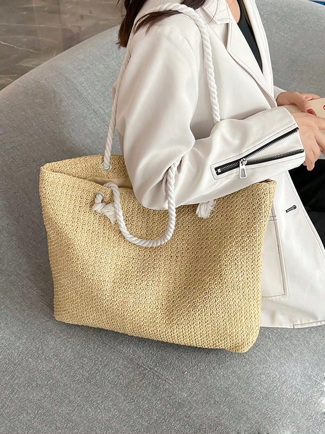 Summer Vibes Straw Tote Bag: Stylish, Lightweight, and Spacious for Travel, Beach, and Everyday Use