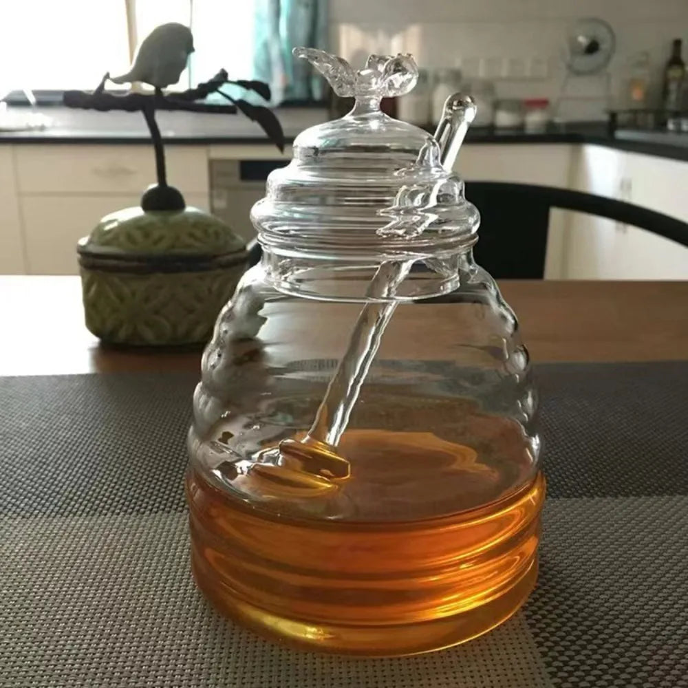 Clear Honey Jar with Dipper and Lid Jam Glass 15oz Honey Containers Holder 8.11 Ounces Glass Beehive Honey Pot Syrup