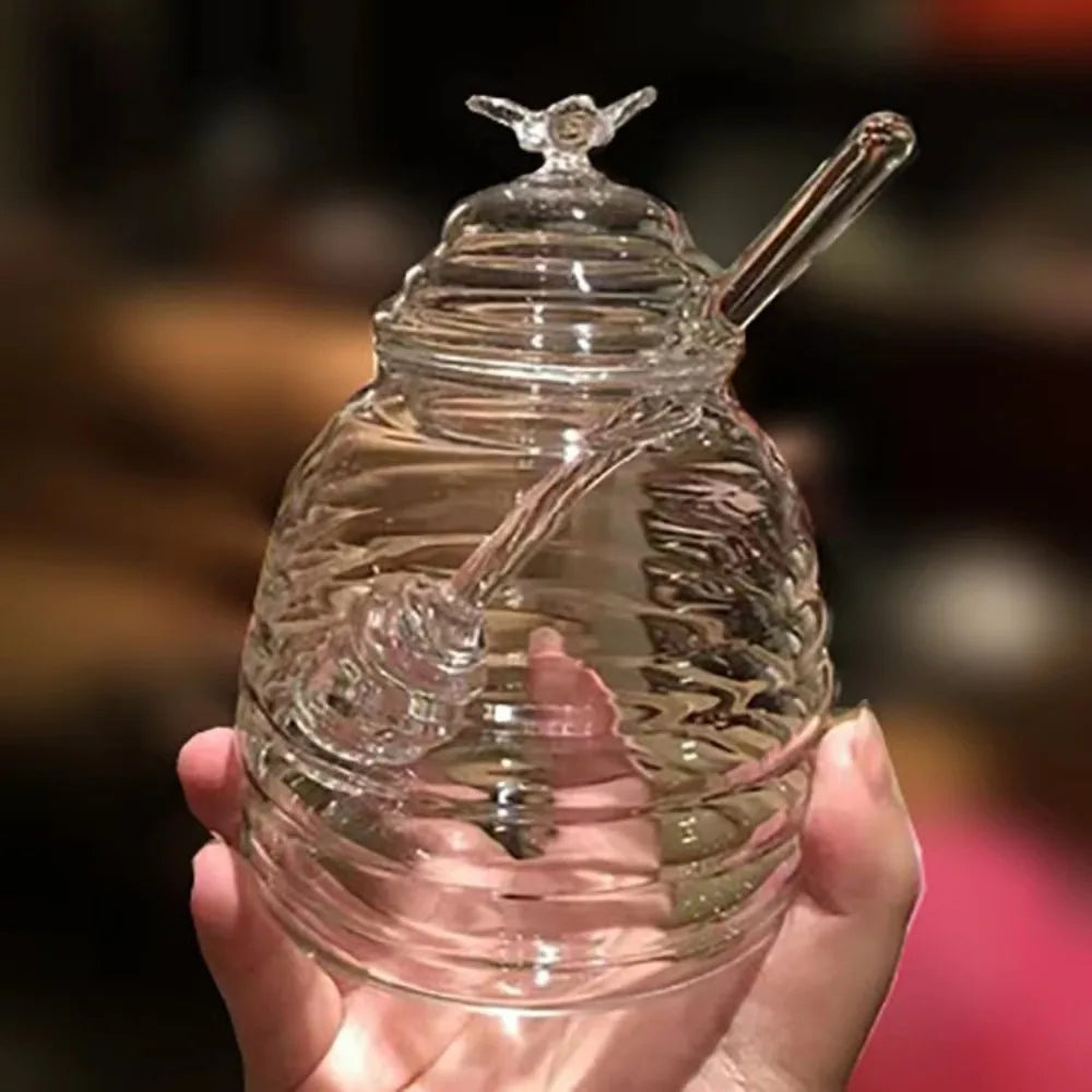 Clear Honey Jar with Dipper and Lid Jam Glass 15oz Honey Containers Holder 8.11 Ounces Glass Beehive Honey Pot Syrup