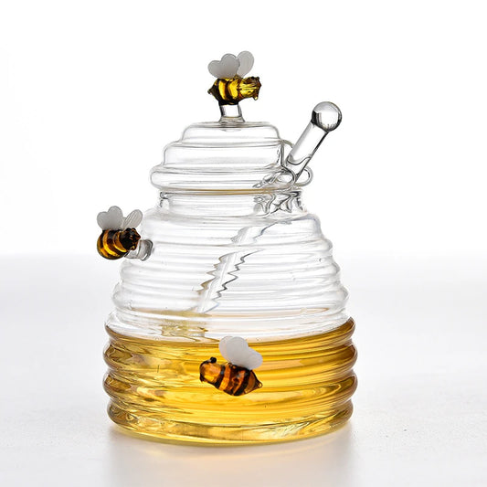 Glass Honeycomb Tank Kitchen Tools Honey Storage Container with Dipper and Lid Honey Bottle for Wedding Party Kitchen Home