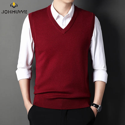 JOHMUVVE  New Men V-neck Vest Trend Retro Solid Color Vest All-match Casual Business Work Woolen Knit Vest Men Autumn