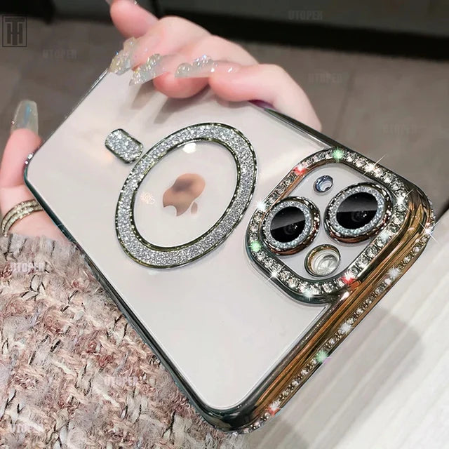 Luxury Crystal Diamond Clear Case For iPhone 15 11 12 13 14 Pro Max Plus Bling Sparkly Magsafe Magnetic Wireless Charging Cover