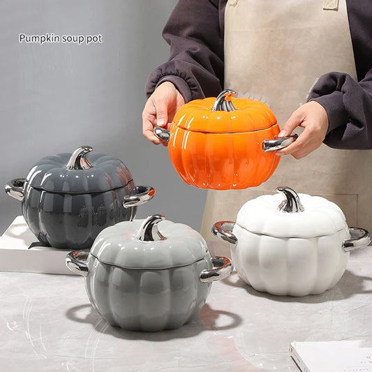 Pumpkin Ceramic Dessert Bowl Pot with Lid Fruit Dish Kitchen Halloween Decorations Tableware Bowl