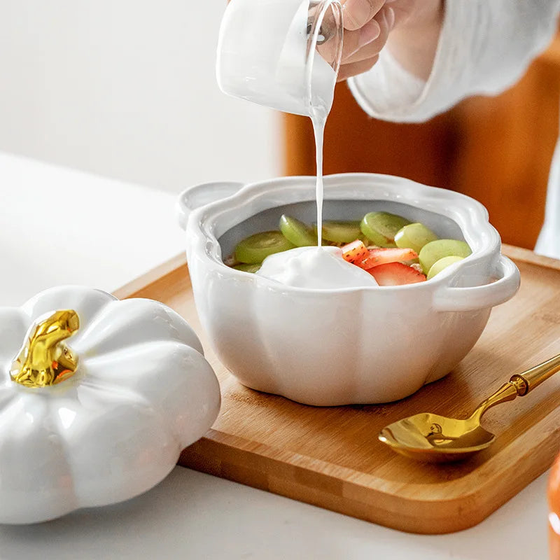 Pumpkin Shape Ceramic Bowl with Lid Halloween Party Decoration Tableware